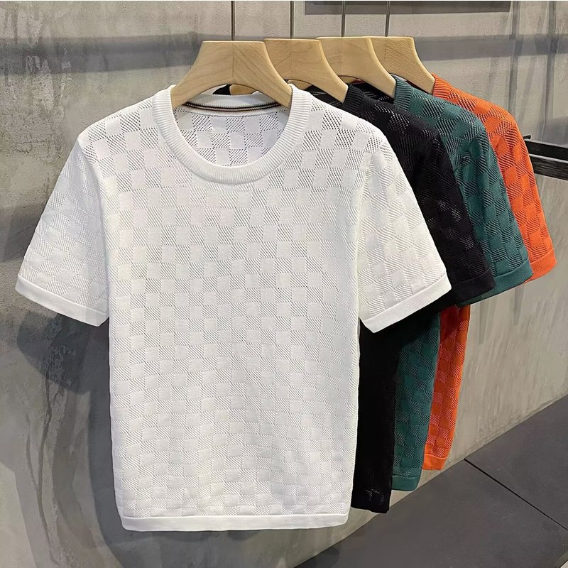 Men's Clothing thin hollow knitted short sleeved men's Korean version of mesh breathable round neck knitted sweater men's T shirt
