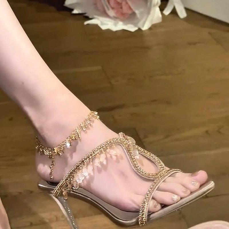 2025 New Open-toed Rhinestone Pendant, Satin New One-word Slippers, Female Sexy Outer Wear Stiletto High Heels Sandals