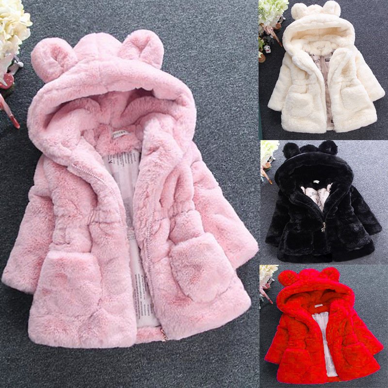 Girls' Kids' Fur Padded Jacket With Ears Cotton Fur Coat Children's Outerwear For Ages 9-12 Months To 4-5 Years