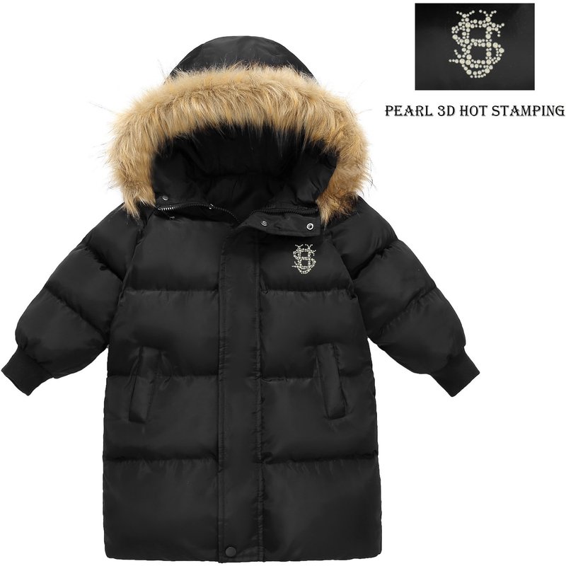 Mother & Kids Boys And Girls Mid Length Thick Winter Fur Collar Hooded Jacket Pearl US Autumn And Winter New Children's Clothing