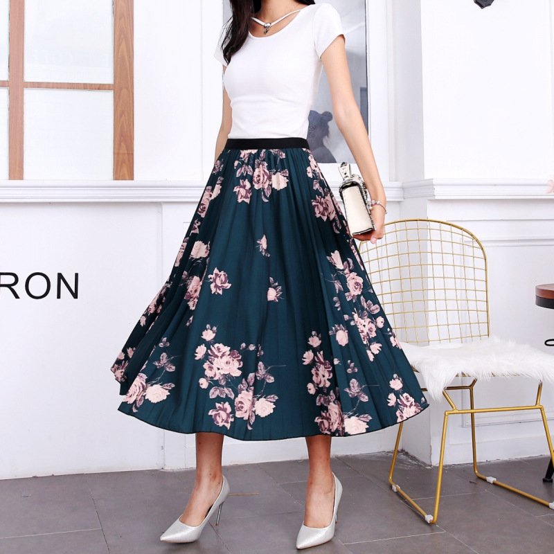 New printed flower pattern elastic pleated fashionable half skirt for women's mid length A-line skirt