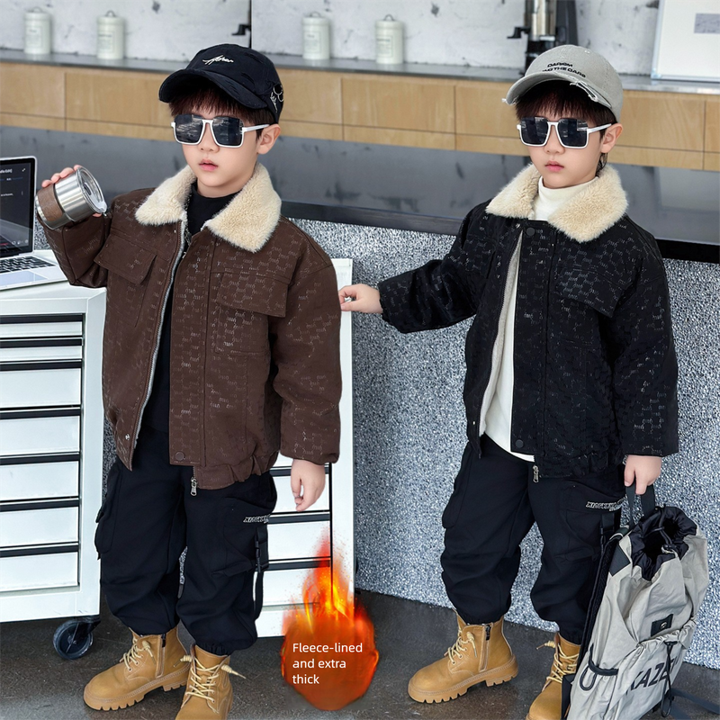Children's Autumn Fleece-Lined Thickened Turn-Down Collar Leather 2025 Winter New Style Cool Baby Jacket Top Trendy