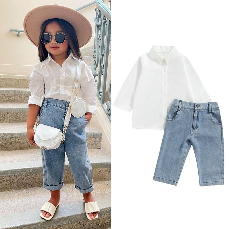 Mother & Kids Baby Clothing Girls' White Long-sleeved Shirt High-waisted Denim Pantsuit