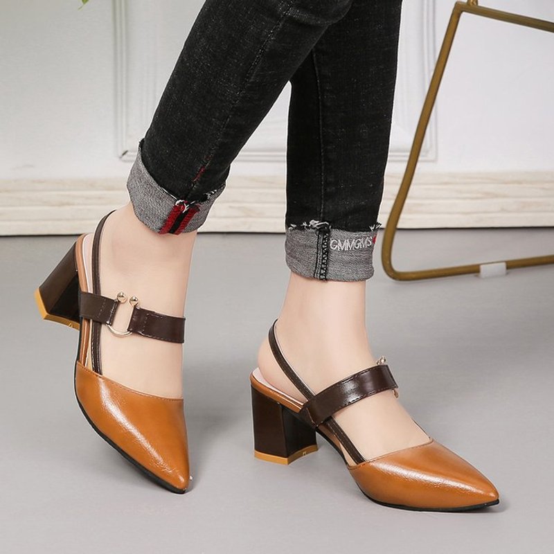 2024 Spring And Summer New Single Shoes For Women Pointed Toe Thick Heel Closed Toe Women's Shoes Mid-heel Single Buckle High Heels Hollow