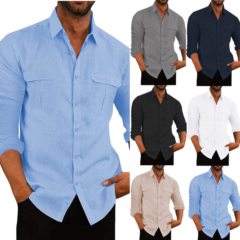 Man's Clothing Men's Shirt Double Pocket Long Sleeve Shirt Casual Holiday Shirt