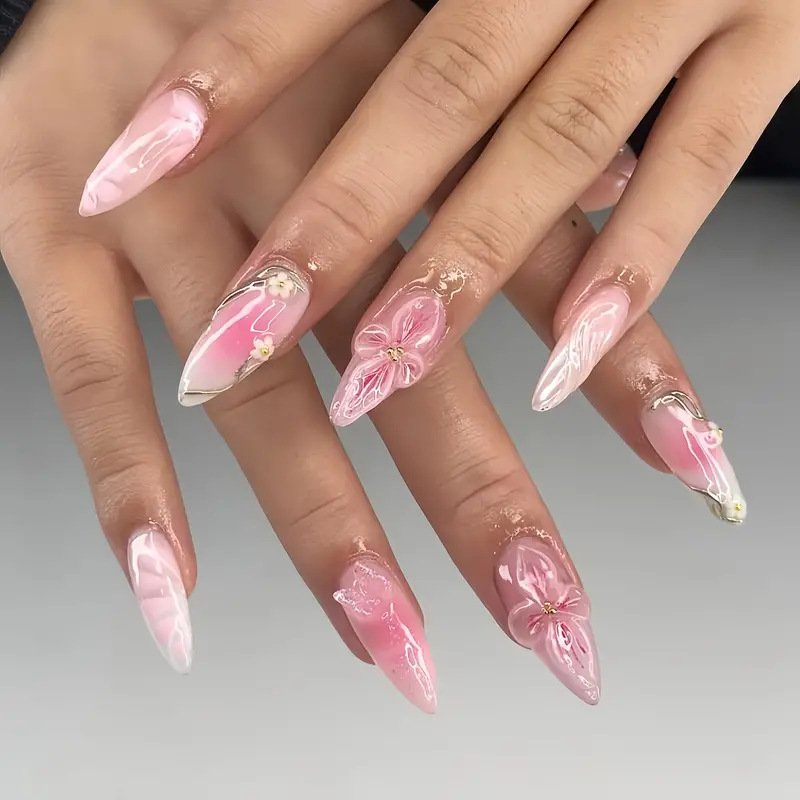 3D Three Dimensional Dripping Glue Flower Gradient Pearl Wear Nail Stripes Almond Shaped Short Style False Nails