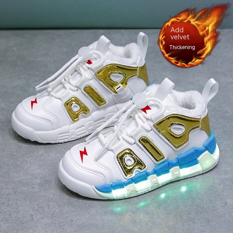 Plush Charging Colorful Luminescent Cotton Shoes, Solid Soles, Night Glow, Boys And Girls, With Lights,