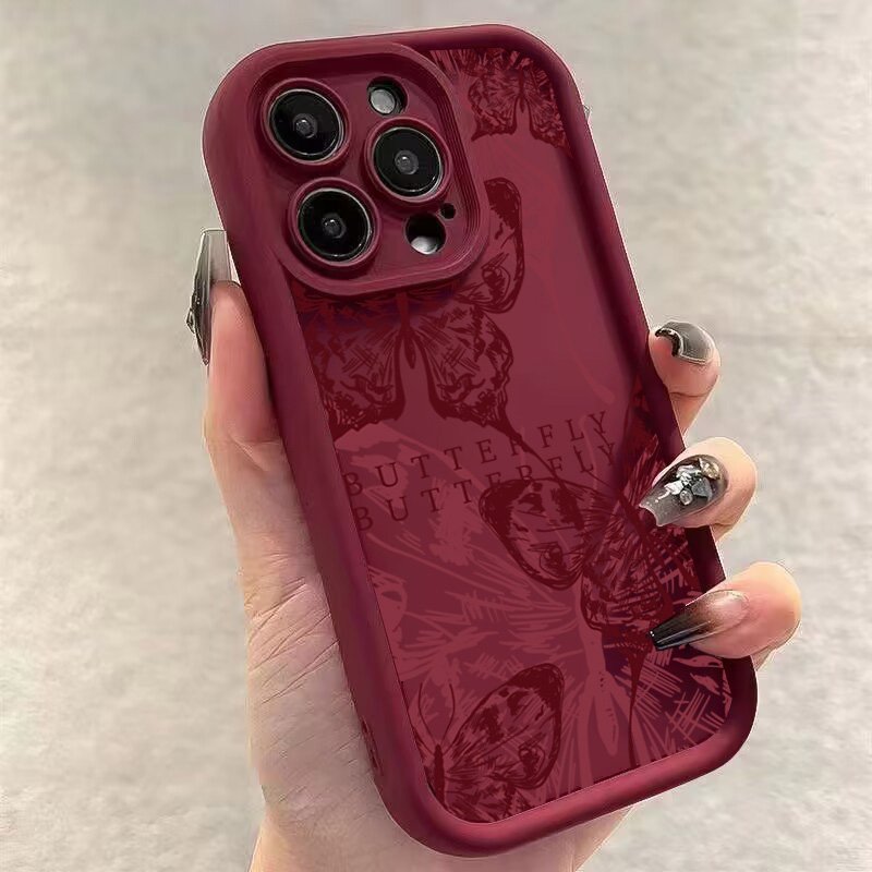 Trendy Butterfly Pattern Wine Red Shockproof Phone Case For iPhone 16 15 14 13 12 Mini 11 Pro Max X XR XS 7 8 Plus SE2 TPU Cover