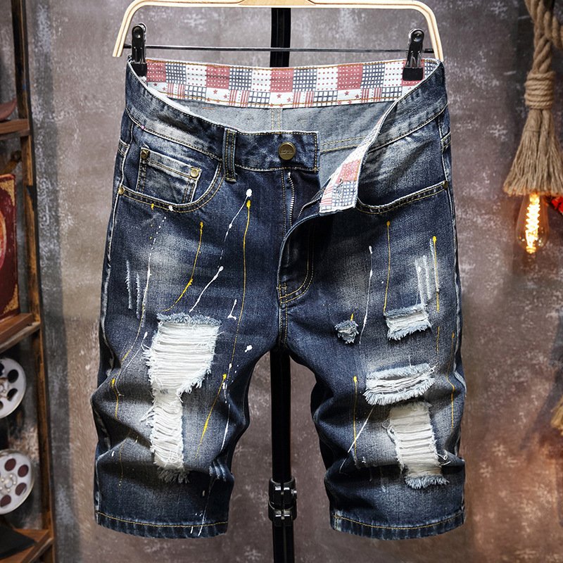 Men's summer new style ripped denim shorts, casual, personalized, straight, loose, five-point pants, trendy paint style