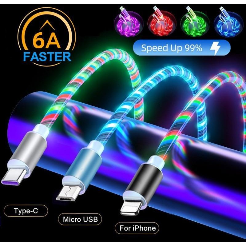 6 Colors Flowing Glowing Light Cable Fast Charging Cables For Cell Phone For IPhone / Android Phone Type C