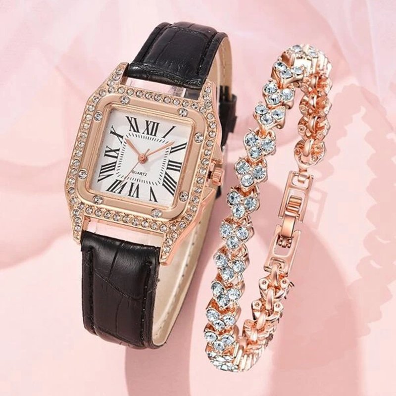2pcs/set Women's Fashion Trend Elegant Square Dial Belt Quartz Watch + Rhinestone Bracelet Watch