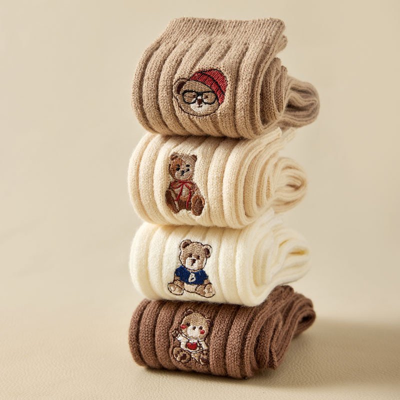 Women's socks Socks Women's Thickened Mid-Tube Wool Socks Wholesale Women's Solid Color Cartoon Embroidered Pile Socks