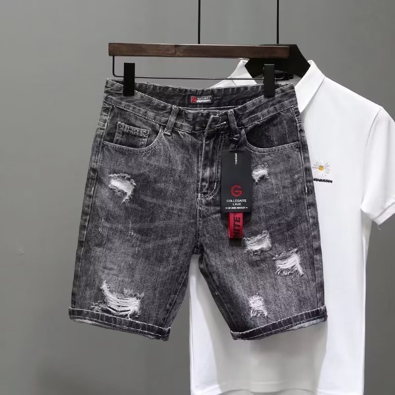 Short en jean effet usé avec broderie pour homme - Short mi-long extensible décontracté pour l'été