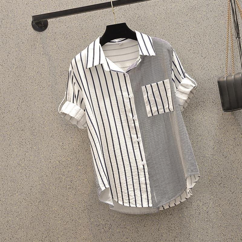 Women's Clothing Slightly Fat And Thin Striped Tops Large Size All Match Fat Girl Age Reducing Shirt