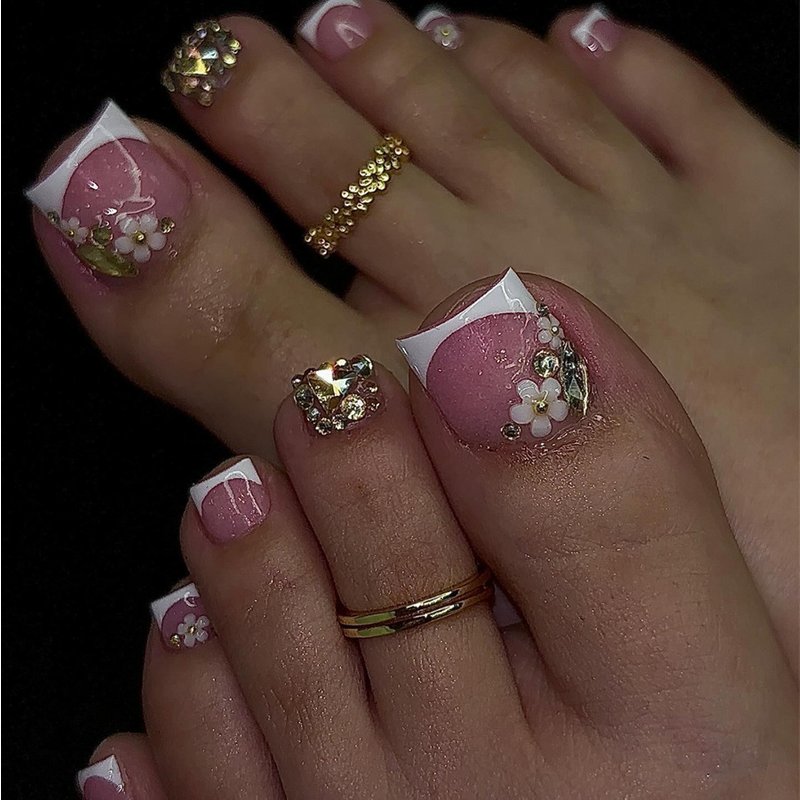 French Style Foot Nails With Fine Glitter Three Dimensional Flower Dot Diamond Shape Nails