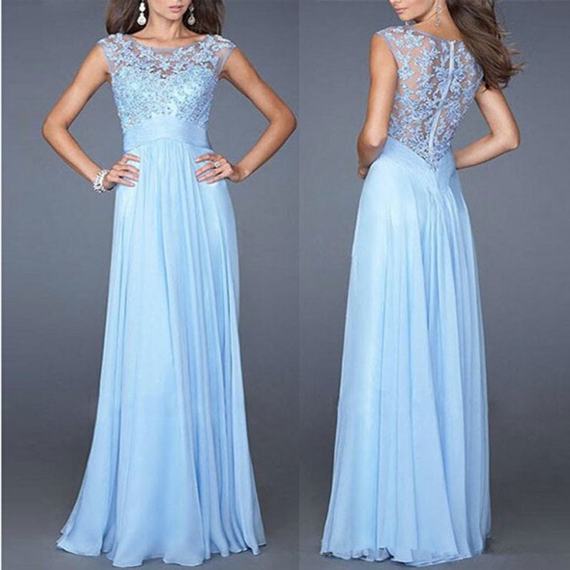 Sexy Slim Light Blue Lace and Chiffon Back Zipper Sexy Long Dress 10 Colors