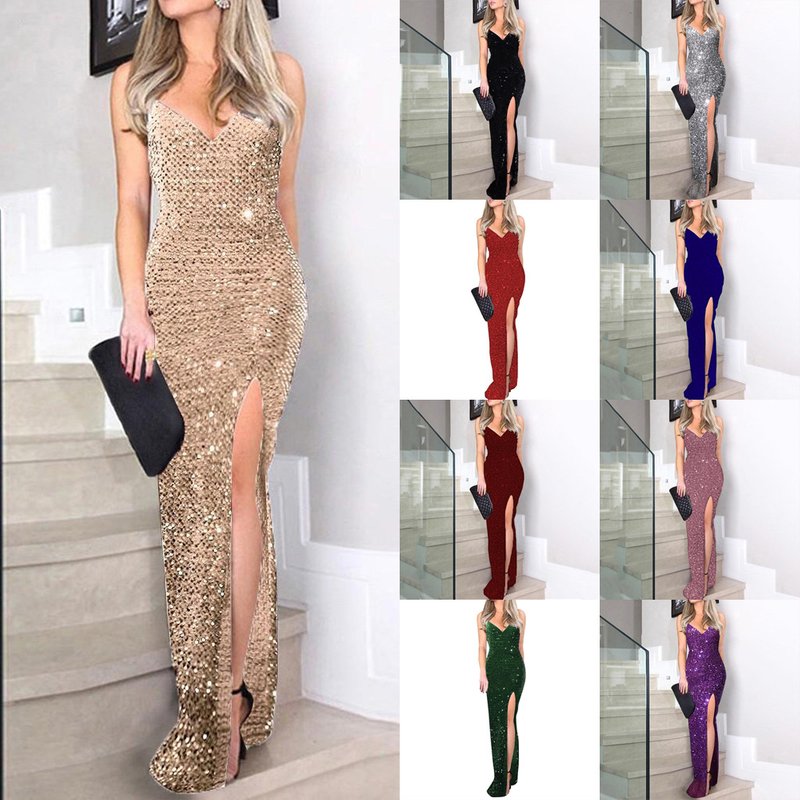 Women's High-waist Sexy Fashion Dress Suspender Sequin Slit Dress