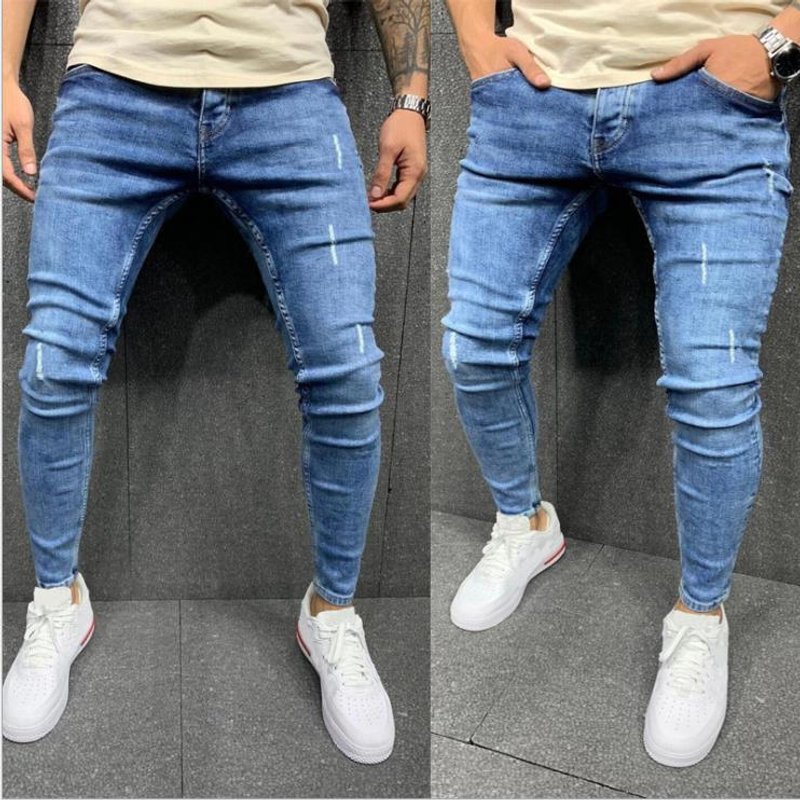 Men's high quality frayed small foot stretch jeans skinny jeans