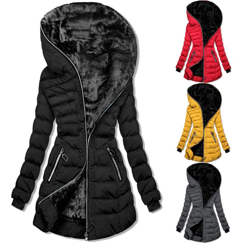Women's Slim-fit Hooded Warm Woolen Padded Jacket With Long Black Padded Jacket