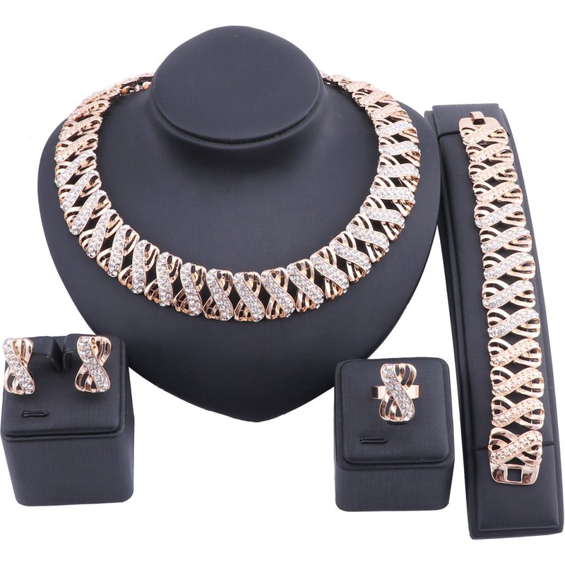 Exquisite Dubai Gold Wedding Bridesmaid Crystal Necklace Earrings Bracelet Ring Party Costume Jewelry Set