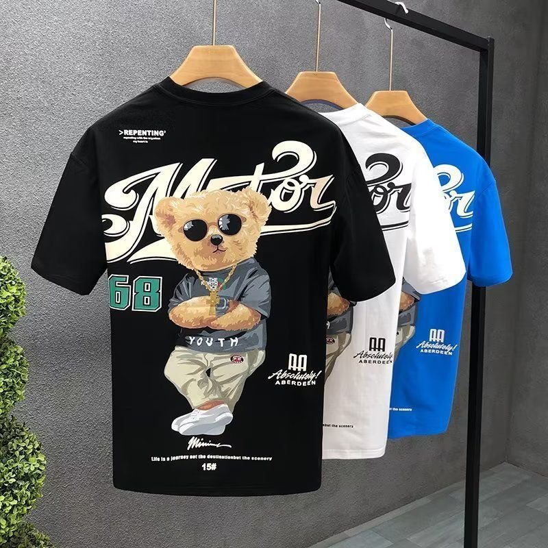 Men's Clothing Trendy brand bear printed short-sleeved T-shirt men's summer new trendy versatile casual large size loose cotton top clothes