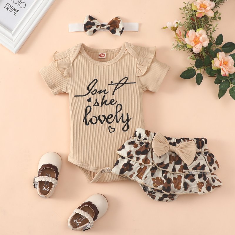Babies' clothes baby summer romper shorts suit baby girl short-sleeved letter triangle romper bowknot leopard print shorts
