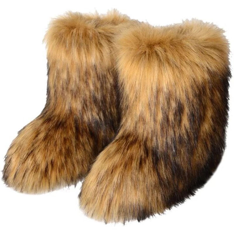y2k Women's Winter Snow Boots Outdoor Luxury Furry Fox Fur New Fashion Boots WomanPlush Warm Platform Shoes Bottes