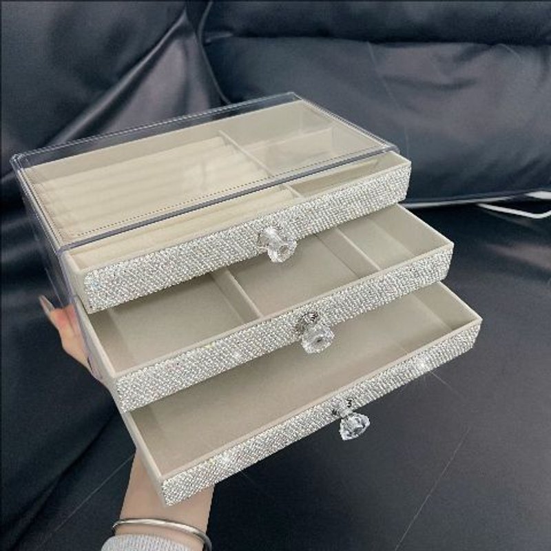 Luxury Velvet Jewelry Organizer Box – Diamond-Accented Multi-Drawer Storage For Earrings, Necklaces & Rings (Elegant Desktop Display Case)​