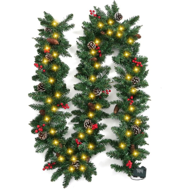 270CM Premium Christmas Garland With Red Berries & Lights - Dense Faux Pine Needles, Festive Holiday Decor For Doors, Mantels & Staircases
