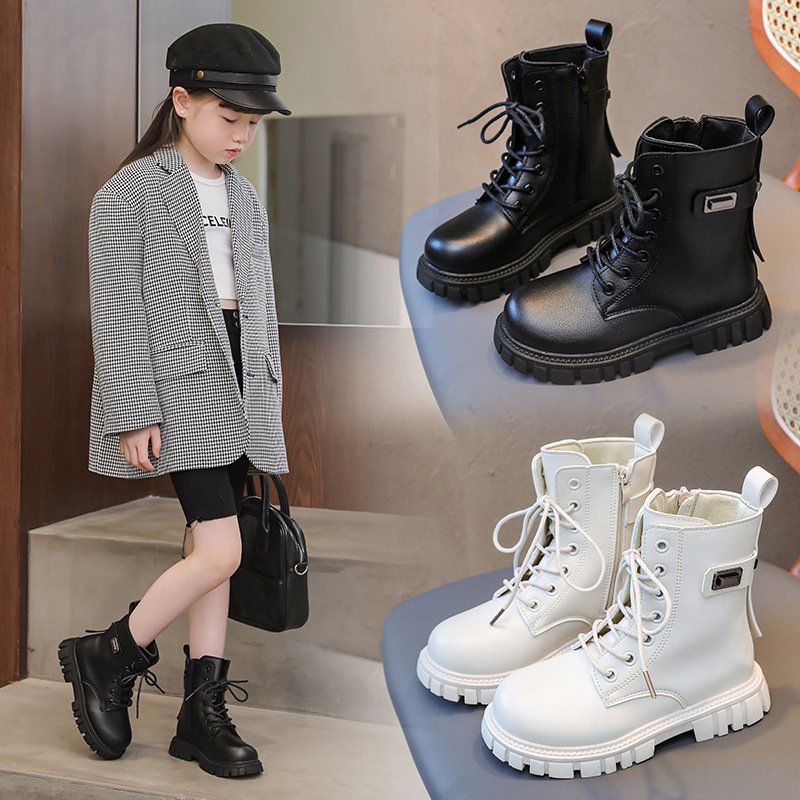 Children's Martin boots, girls' plush soft sole leather boots, autumn and winter westernized British style short boots,