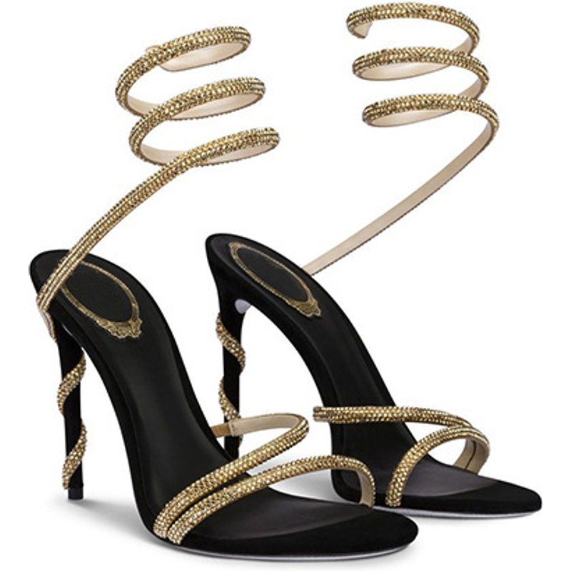 Serpentine winding sandals women's summer fashion new black web celebrity sexy rhinestone stiletto heels