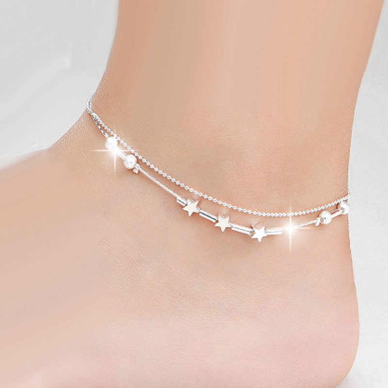 Silver Color Stars Anklet Double Layer Silver Plated Charms Ankle Bracelet Jewellery Anklets For Women Foot Jewelry