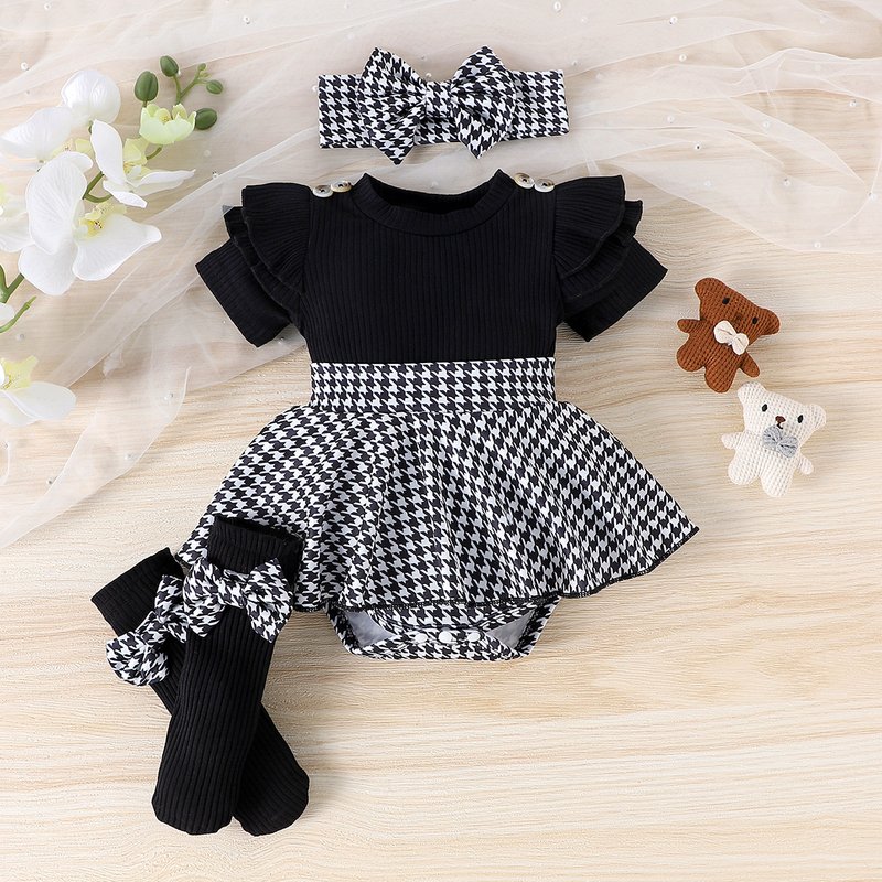 Mother & Kids Girls' Black Top & Houndstooth Skirt Set – Classic & Stylish, 1M-18M"​​