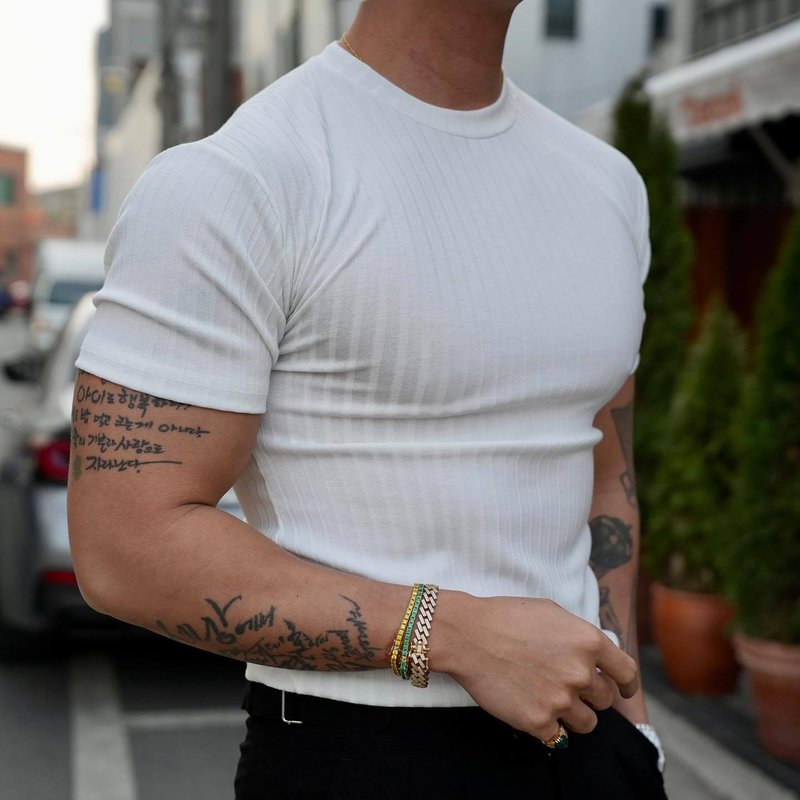 Instagram Trendy Muscle Men's Summer Sports Fitness Leisure Elastic Round Neck Short Sleeve Vertical Stripe T-shirt
