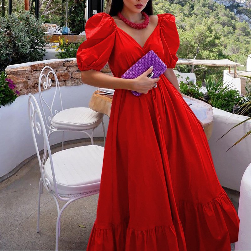 Women's Clothing fashion dress short-sleeved V-neck solid color large swing temperament dress