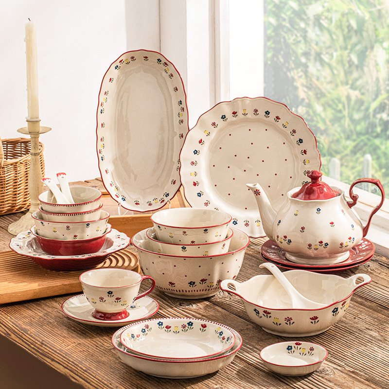 Lafleur Ceramic Dinnerware Set - Elegant Floral Bowls, Plates & Serving Dishes For Home, Hotel & Gifting - Microwave Safe Retro Style