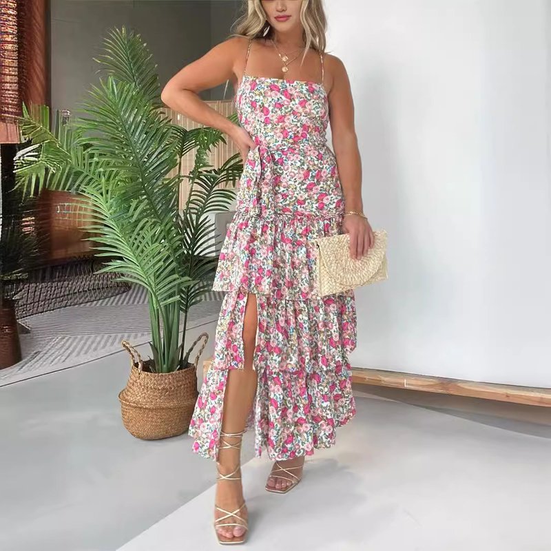 Women's Clothing sweet sexy suspender print belt slit dress female