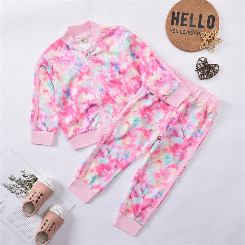 Mother&Kids Girls' pink tie dye zipper tracksuit children's coat children's wear