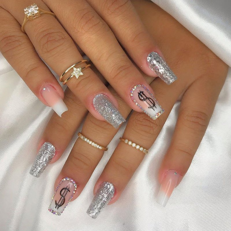 Press 24Pcs On Nails Short Ballet False Nails French Glitter Fake Nail With Rhinestone Design Full Cover Detac Rhineste