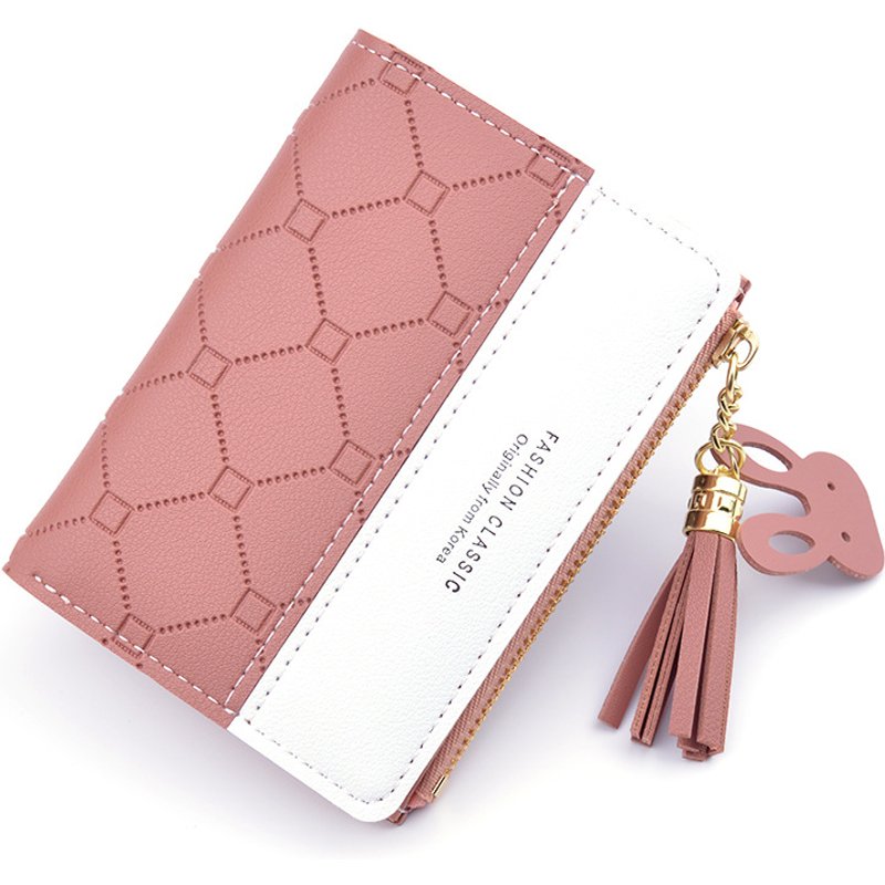 Women Short Wallet Patchwork Small Zipper Purse Checked Embossed Tassel Wallets Cute Simple Card Holder Pink Mini Money Bag