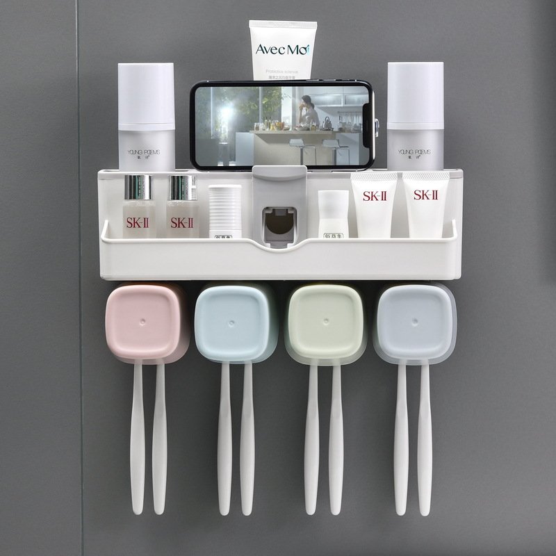 Wall Hanging Non-punching Wash Toothbrush Rack Set Toothpaste Squeezer Mouthwash Cup
