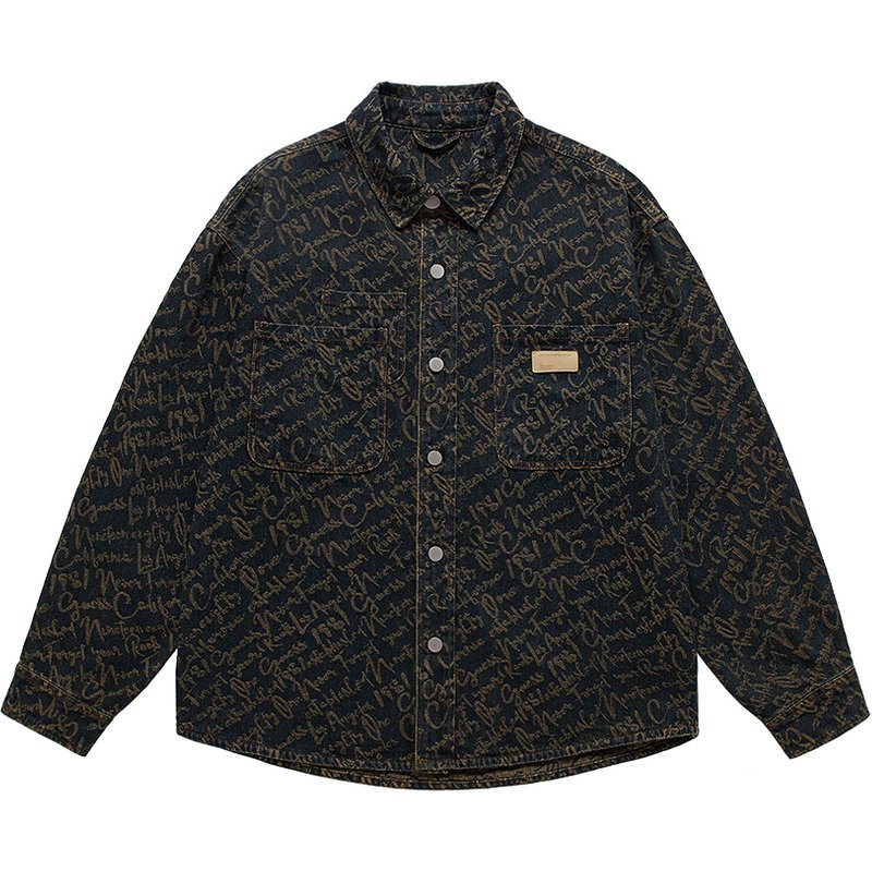 Men's Clothing high end jacquard craft denim shirt men's spring and autumn retro washed old lapel casual shirt jacket men