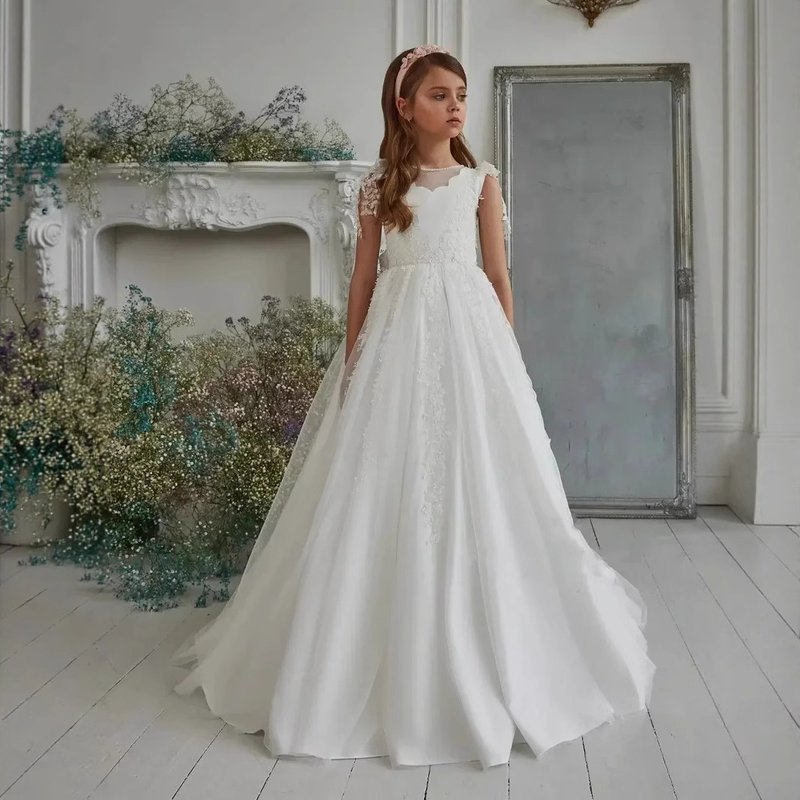 White Elegant Satin Princess Dress For Children's Wedding Floral Birthday Party With Short Train New Style【Pre-sale | Ships In 15 Days】