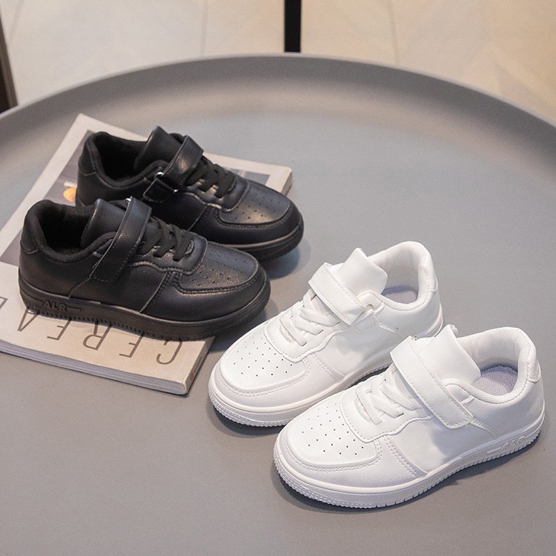 Children's Shoes Campus Leather Soft Sole White Shoes Boys' Casual Versatile Children's Sneakers Girls' Pure Black Running Shoes