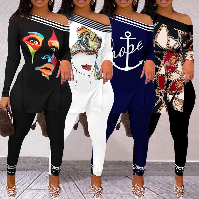 Women's Clothing Sexy Slim Fit Off Shoulder Printed Two Piece Nightclub Outfit