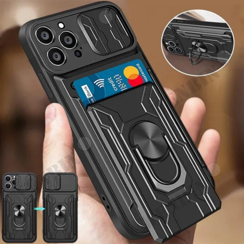Case For iPhone 14 13 12 Pro Max XR X 8 7 Plus SE Slide Stand Ring Camera Military Grade Card Slot Cover