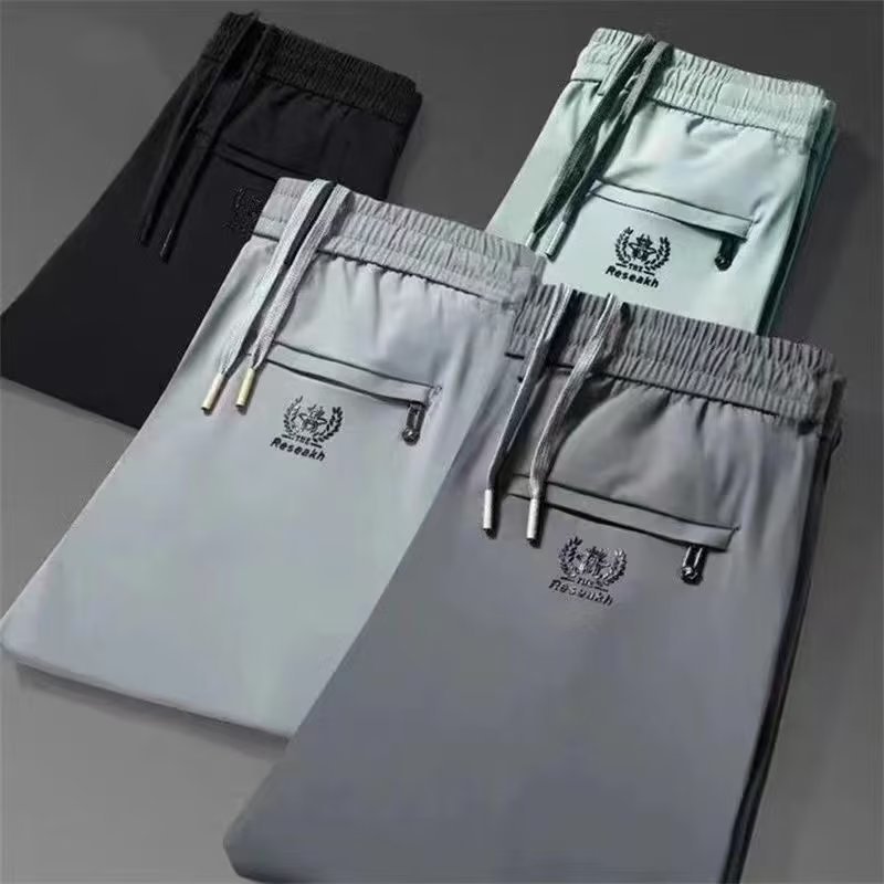 Men's Clothing High end ice silk pants men's stretch casual pants men's middle aged and young elastic waist loose sports thin straight long pants