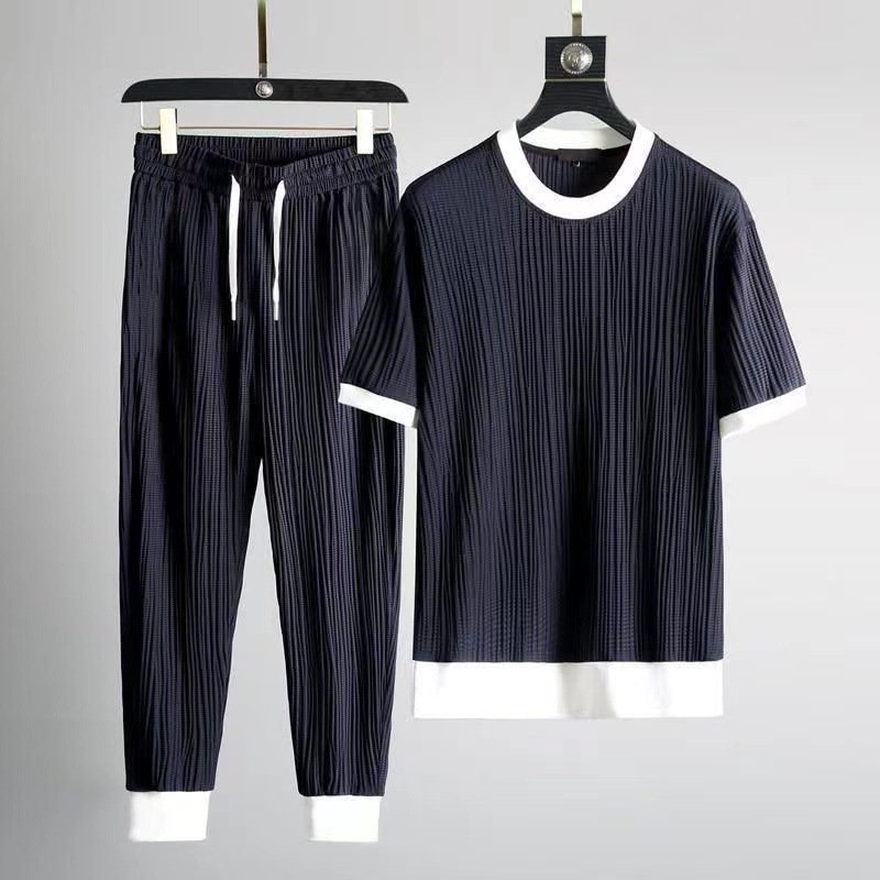 Men's Clothing Summer Thin Ice Silk Sports Men's Color Matching Pleated Large Size T Shirt Nine Point Pants Casual Two Piece Set Foreign Trade
