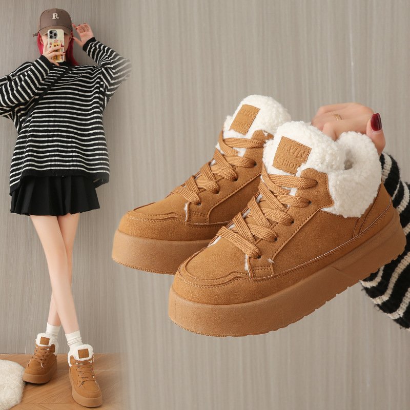 Fleece High-top Casual Shoes Women's Warm Sneakers Student Cotton Shoes