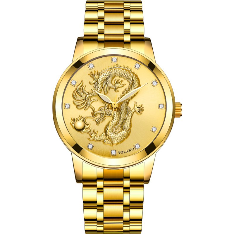 Men's Quartz Watch Men's Watch Diamond Yellow Gold Luminous Waterproof Steel Belt Relief Dragon Totem Watch